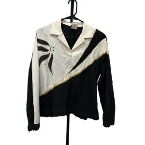 Vintage Taddi Sport Blouse Black White Embroidered Floral Long Sleeve Size M